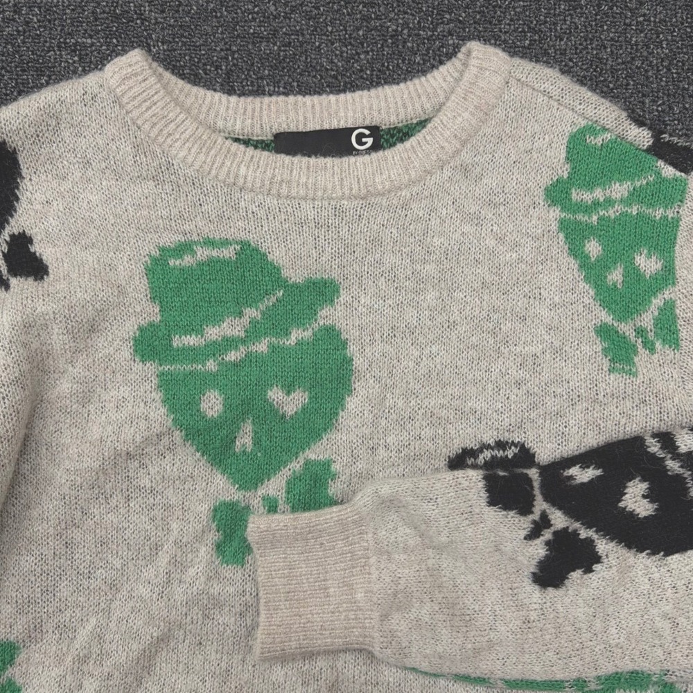 G by Guess Wool Blend Sweater Mens M Oatmeal Green Knit Skull Top Hat Bow tie